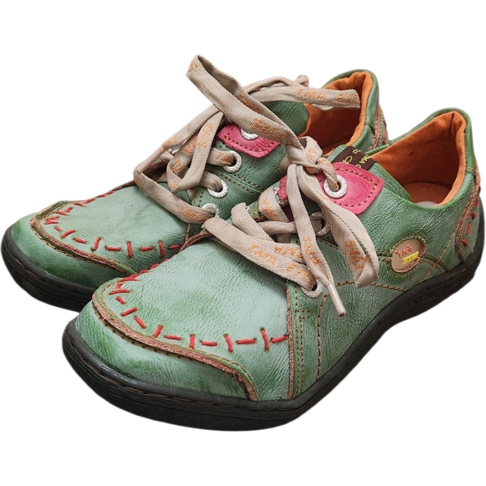 TMA Eyes Green Leather Whipstitch Lace Up Oxford Shoes Womens 8.5 EU 40 Boho